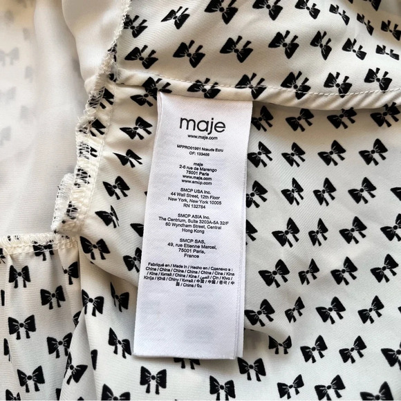 Maje Rinala Mini Dress Bow Print Size 36 Satin White Tie Neck - Picture 9 of 11